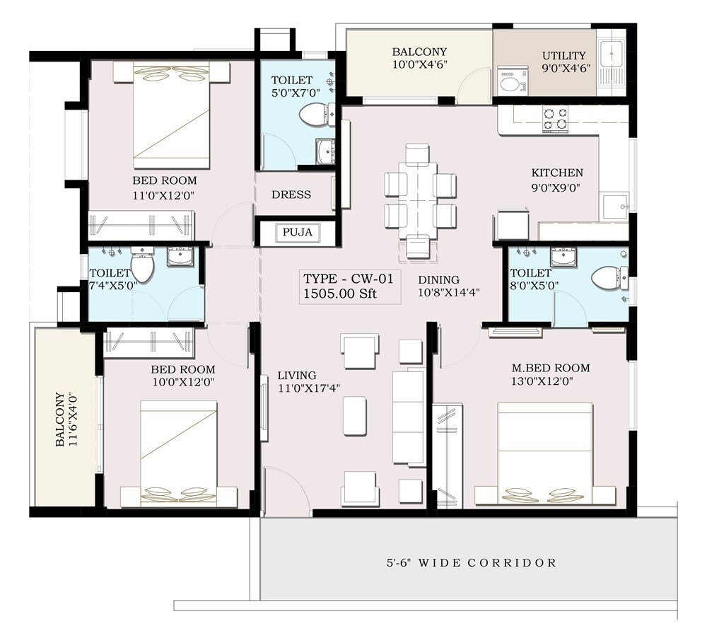 Floor plan of 3 BHK 1505 Sq. Ft. Apartment in VRR Green Crest, Bangalore