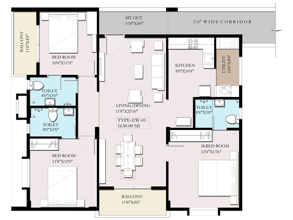 Floor plan of 3 BHK 1630 Sq. Ft. Apartment in VRR Green Crest, Bangalore