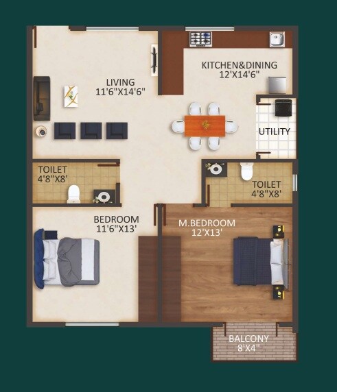 Floor plan of 2 BHK 1178 Sq. Ft. Apartment in Vruksha Greens, Bangalore