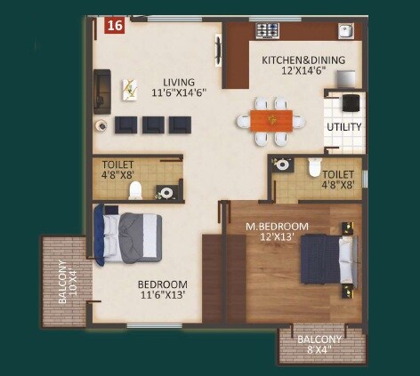 Floor plan of 2 BHK 1232 Sq. Ft. Apartment in Vruksha Greens, Bangalore
