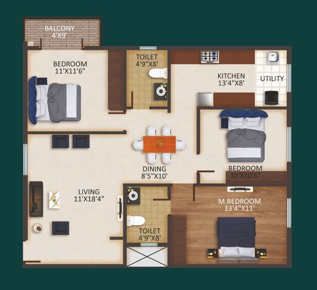 Floor plan of 3 BHK 1325 Sq. Ft. Apartment in Vruksha Greens, Bangalore