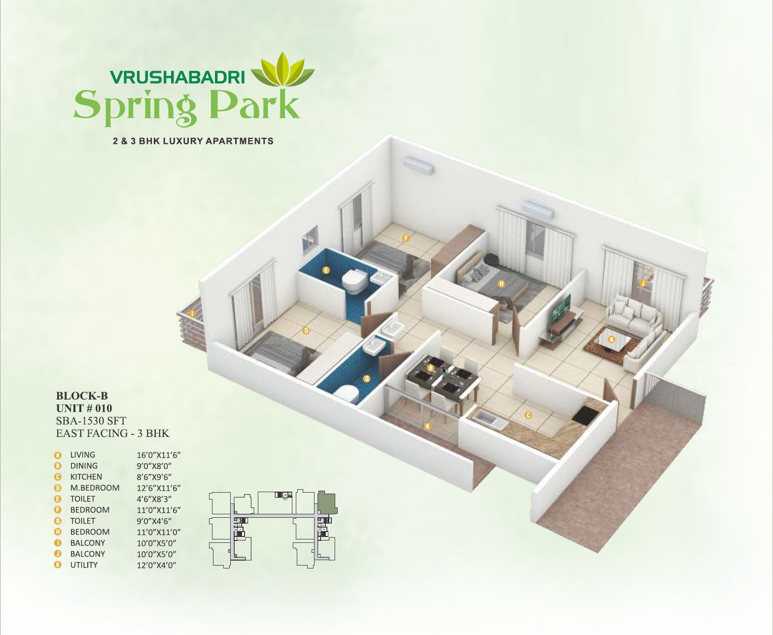 Floor plan of 3 BHK 1530 Sq. Ft. Apartment in Vrushabadri Spring Park, Bangalore