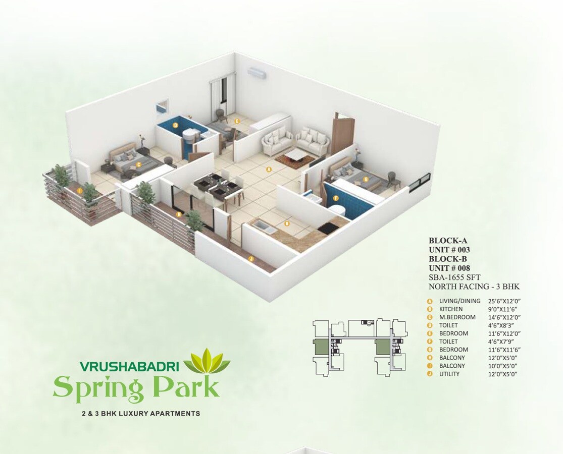 Floor plan of 3 BHK 1655 Sq. Ft. Apartment in Vrushabadri Spring Park, Bangalore