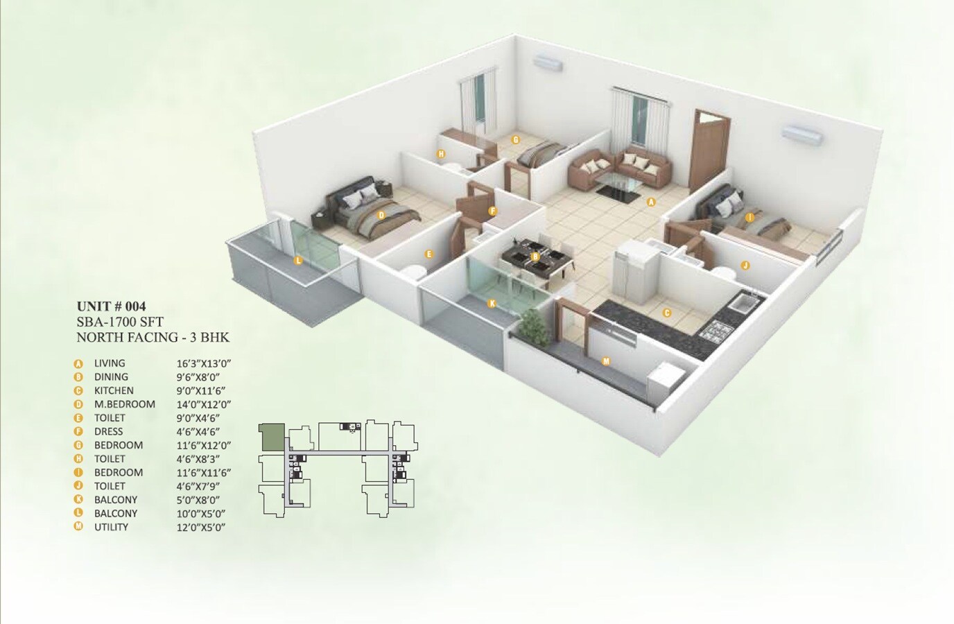 Floor plan of 3 BHK 1700 Sq. Ft. Apartment in Vrushabadri Spring Park, Bangalore