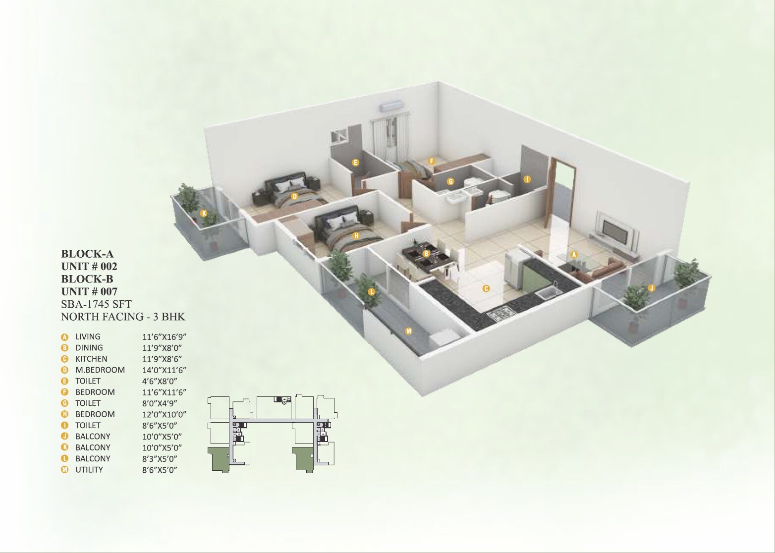 Floor plan of 3 BHK 1745 Sq. Ft. Apartment in Vrushabadri Spring Park, Bangalore