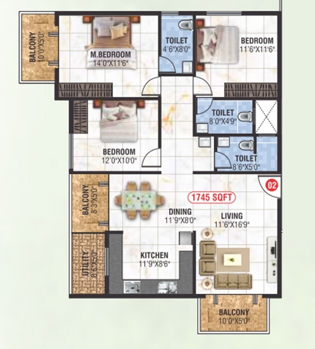 3 BHK 1745 Sq. Ft. Apartment