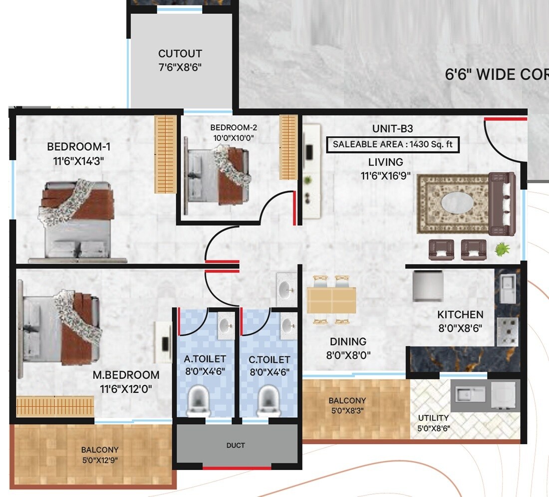 Floor plan of 3 BHK 1430 Sq. Ft. Apartment in Vrushabadri Winter Park, Bangalore