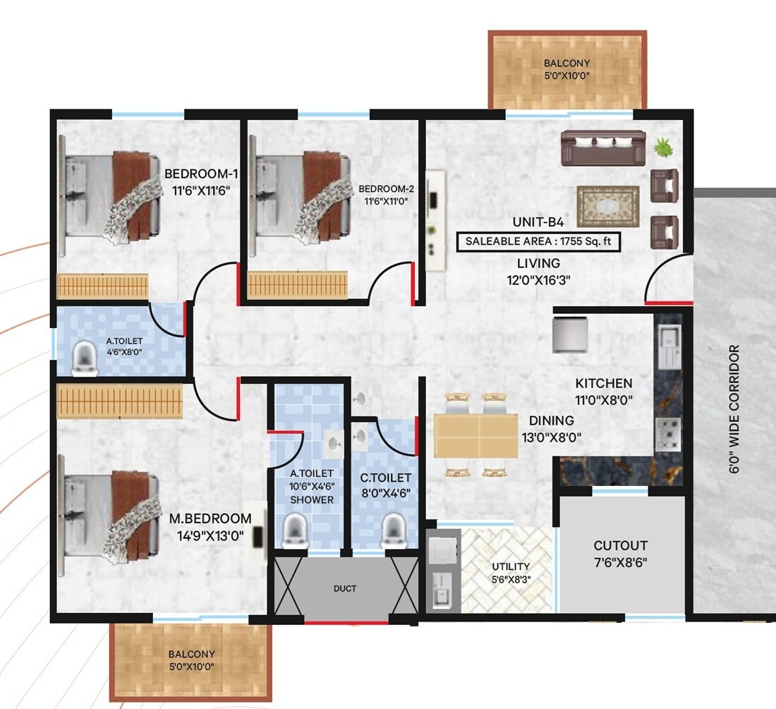 3 BHK 1755 Sq. Ft. Apartment