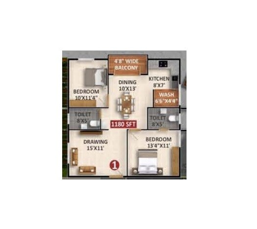 Floor plan of 2 BHK 1180 Sq. Ft. Apartment in VSR Tranquil, Bangalore