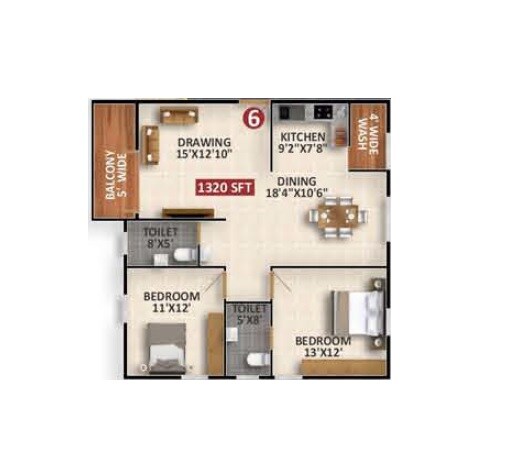 Floor plan of 2 BHK 1320 Sq. Ft. Apartment in VSR Tranquil, Bangalore