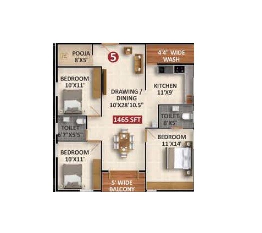 Floor plan of 3 BHK 1465 Sq. Ft. Apartment in VSR Tranquil, Bangalore