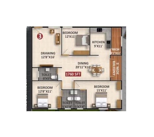 Floor plan of 3 BHK 1760 Sq. Ft. Apartment in VSR Tranquil, Bangalore