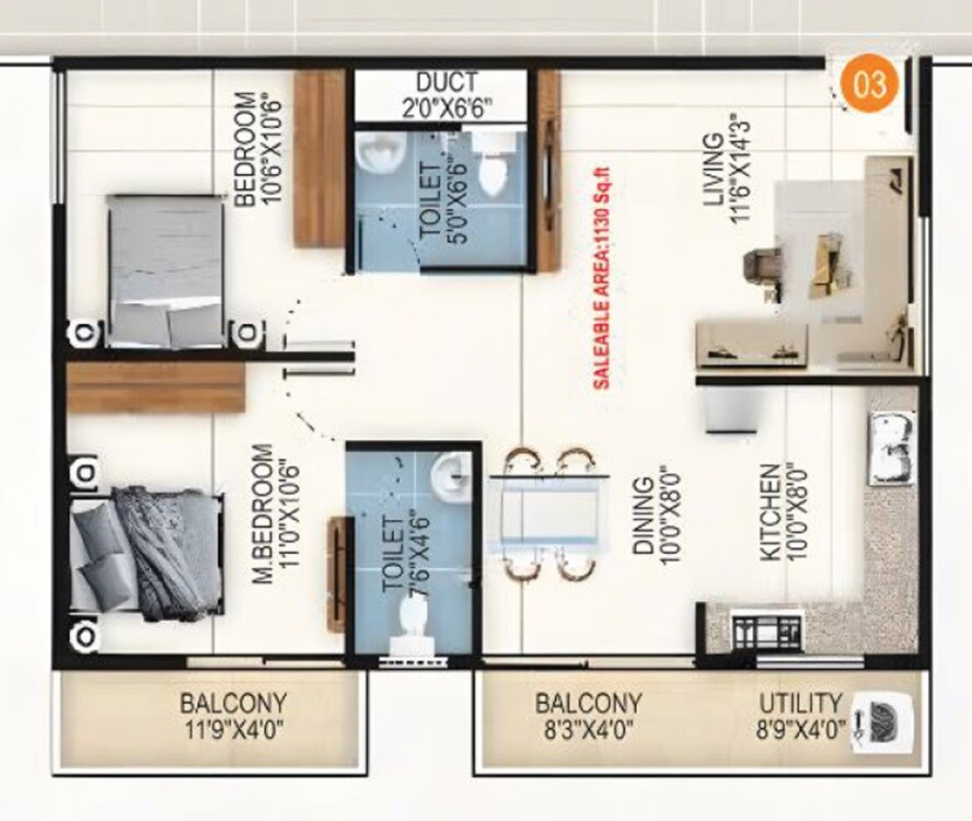 2 BHK 1130 Sq. Ft. Apartment