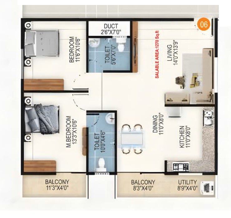 2 BHK 1270 Sq. Ft. Apartment