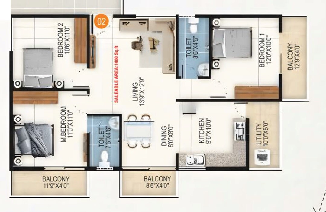 3 BHK 1400 Sq. Ft. Apartment