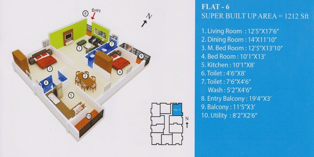 Floor plan of 2 BHK 1212 Sq. Ft. Apartment in White Cloud, Bangalore