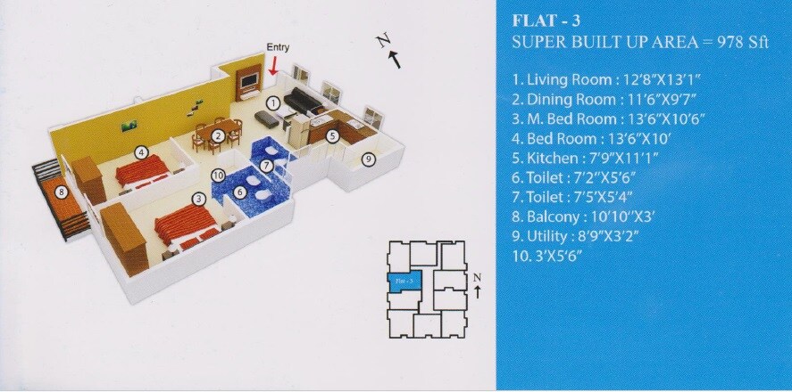 Floor plan of 2 BHK 978 Sq. Ft. Apartment in White Cloud, Bangalore