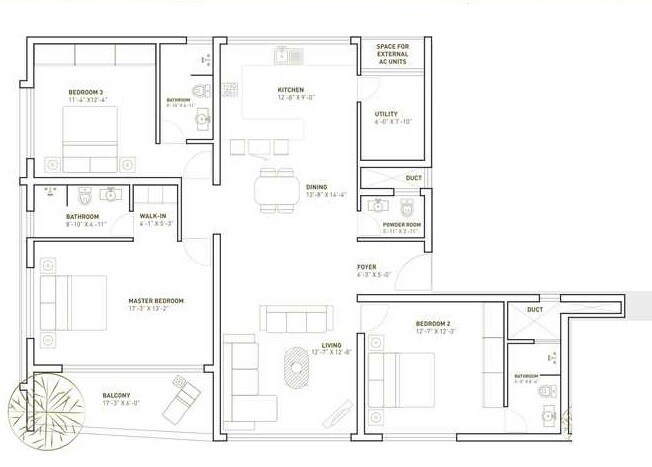 Floor plan of 3 BHK 1388 Sq. Ft. Apartment in White Lotus Ohana, Bangalore