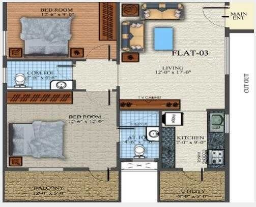 Floor plan of 2 BHK 1325 Sq. Ft. Apartment in White Orchids, Bangalore