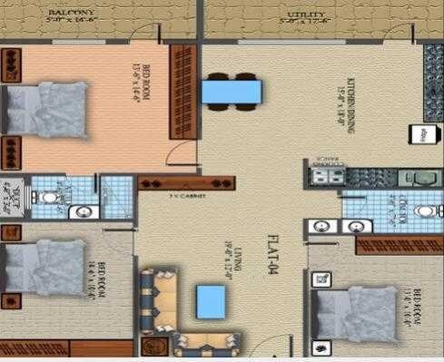 Floor plan of 3 BHK 1625 Sq. Ft. Apartment in White Orchids, Bangalore