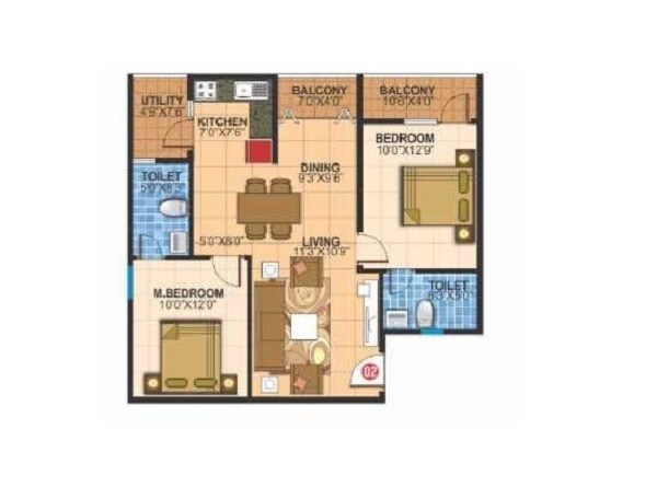 Floor plan of 2 BHK 931 Sq. Ft. Apartment in White Petals, Bangalore