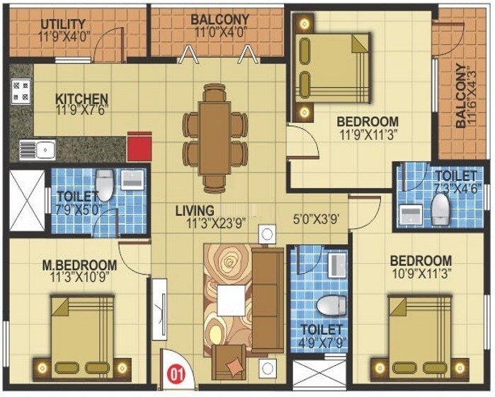 Floor plan of 3 BHK 1200 Sq. Ft. Apartment in White Petals, Bangalore