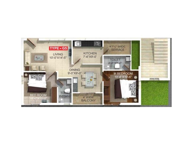 Floor plan of 2 BHK 1050 Sq. Ft. Apartment in Whitestone Milano, Bangalore