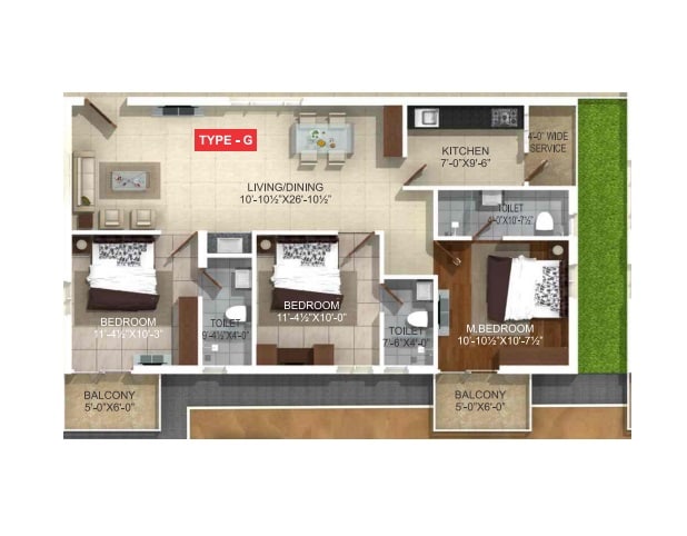 Floor plan of 3 BHK 1500 Sq. Ft. Apartment in Whitestone Milano, Bangalore