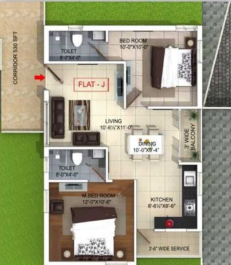 2 BHK 1000 Sq. Ft. Apartment