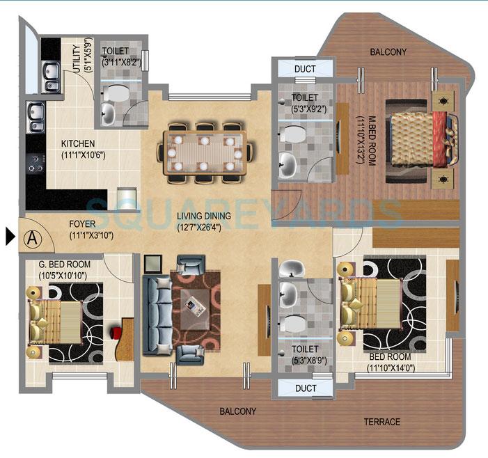 Floor plan of 3 BHK 1483 Sq. Ft. Apartment in Windsor Amulyam, Bangalore