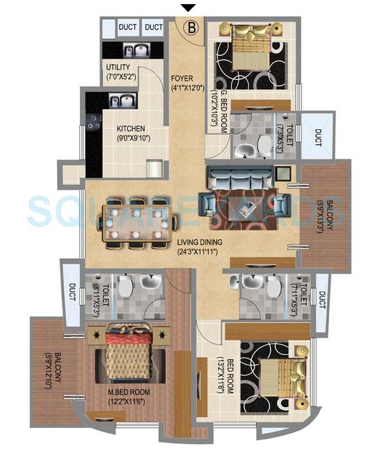 Floor plan of 3 BHK 1564 Sq. Ft. Apartment in Windsor Amulyam, Bangalore