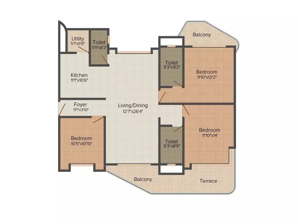 Floor plan of 3 BHK 1609 Sq. Ft. Apartment in Windsor Amulyam, Bangalore