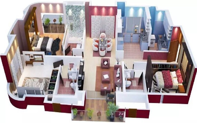 Floor plan of 3 BHK 1640 Sq. Ft. Apartment in Windsor Amulyam, Bangalore