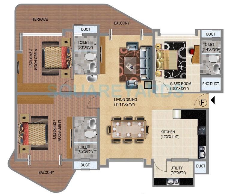 Floor plan of 3 BHK 1837 Sq. Ft. Apartment in Windsor Amulyam, Bangalore