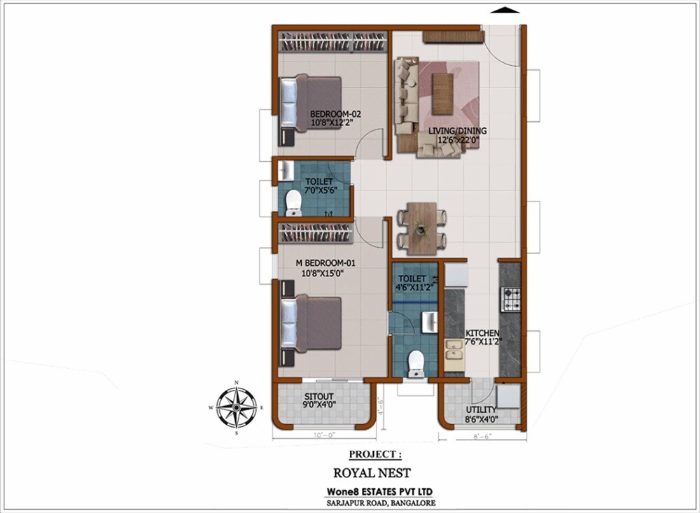 Floor plan of 2 BHK 1200 Sq. Ft. Apartment in Wone8 Royal Nest, Bangalore