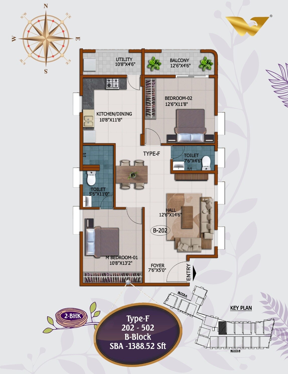 Floor plan of 2 BHK 1389 Sq. Ft. Apartment in Wone8 Royal Nest, Bangalore