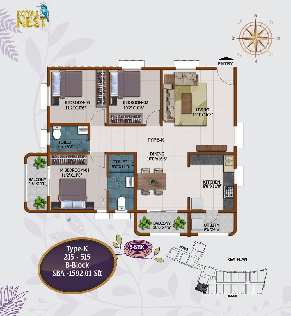 Floor plan of 3 BHK 1592 Sq. Ft. Apartment in Wone8 Royal Nest, Bangalore
