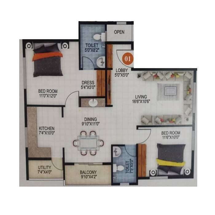 Floor plan of 2 BHK 1127 Sq. Ft. Apartment in YD Sweet Homes, Bangalore