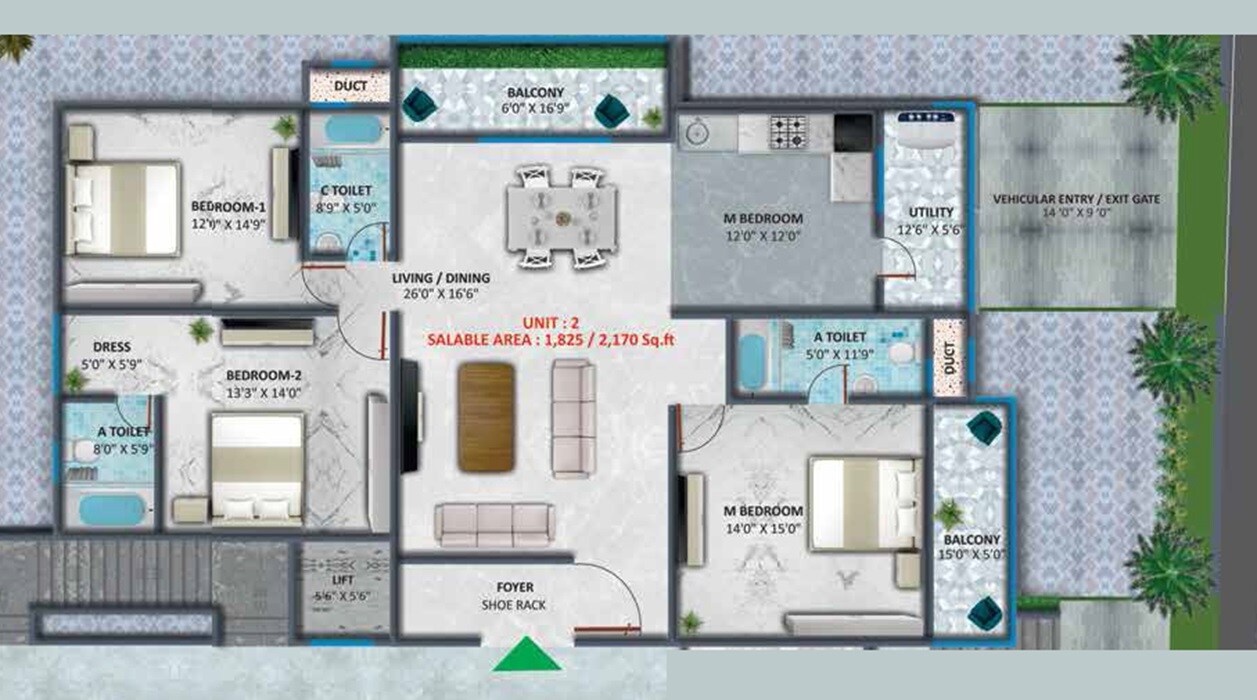 Floor plan of 3 BHK 1825 Sq. Ft. Apartment in YGR Grandeur, Bangalore