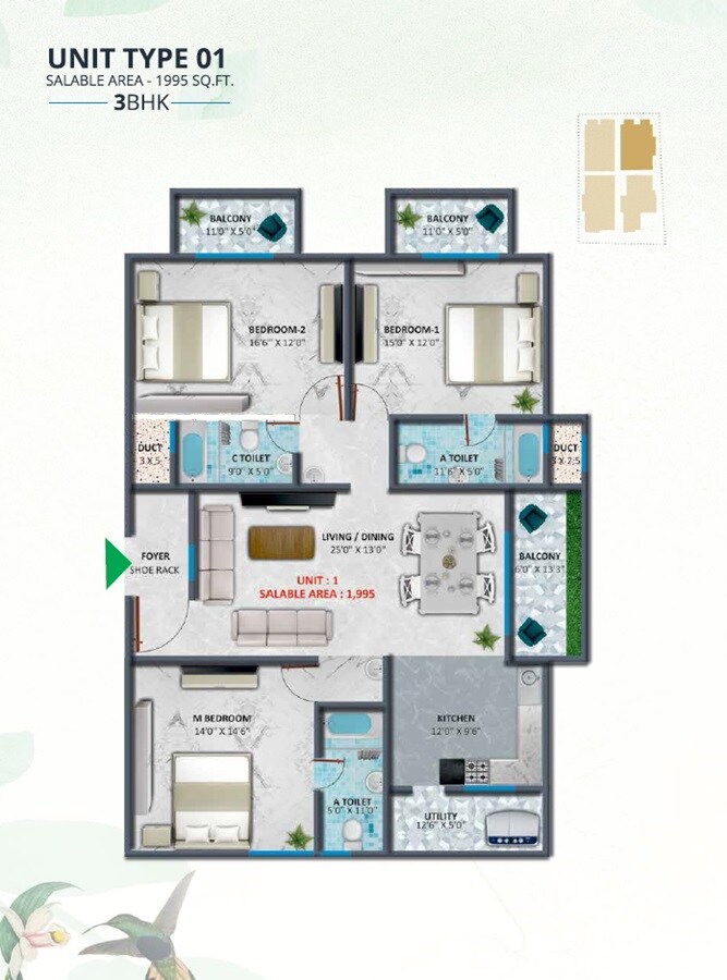 Floor plan of 3 BHK 1995 Sq. Ft. Apartment in YGR Grandeur, Bangalore