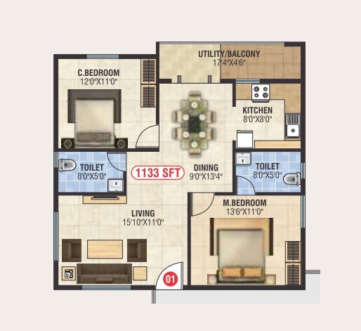 2 BHK 1133 Sq. Ft. Apartment