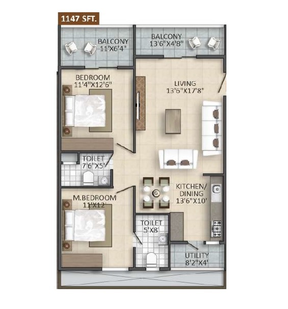 Floor plan of 2 BHK 1147 Sq. Ft. Apartment in Yuva Blue Meadows, Bangalore