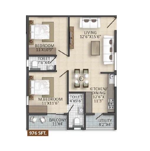 Floor plan of 2 BHK 976 Sq. Ft. Apartment in Yuva Blue Meadows, Bangalore