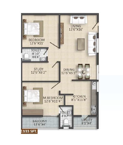 Floor plan of 3 BHK 1333 Sq. Ft. Apartment in Yuva Blue Meadows, Bangalore