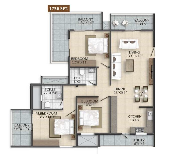 Floor plan of 3 BHK 1736 Sq. Ft. Apartment in Yuva Blue Meadows, Bangalore