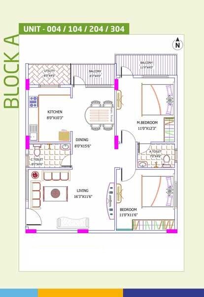 Floor plan of 2 BHK 1080 Sq. Ft. Apartment in Yuva Eka, Bangalore