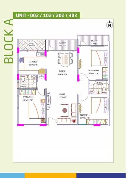 Floor plan of 2 BHK 1220 Sq. Ft. Apartment in Yuva Eka, Bangalore
