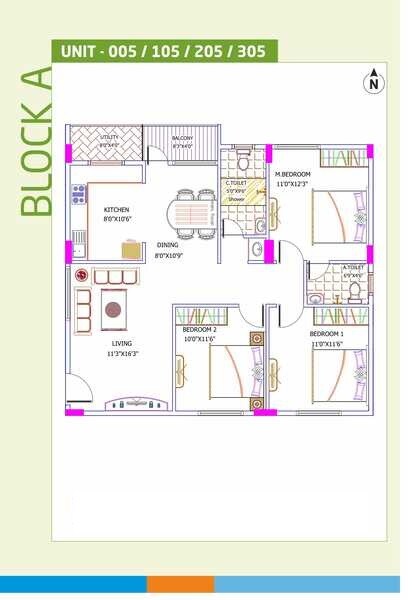 Floor plan of 3 BHK 1350 Sq. Ft. Apartment in Yuva Eka, Bangalore