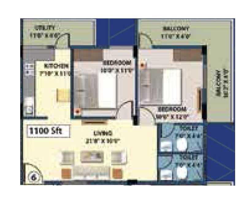 Floor plan of 2 BHK 1100 Sq. Ft. Apartment in YV Warrior Lakeview, Bangalore