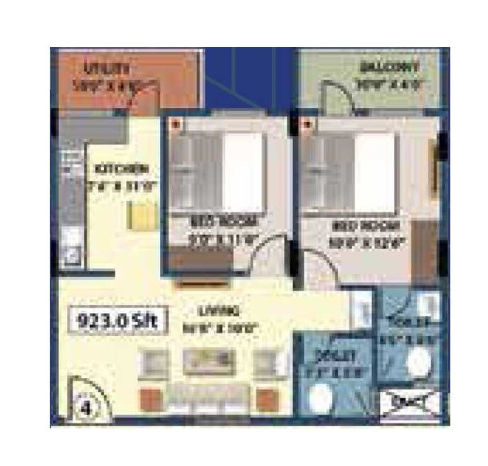 Floor plan of 2 BHK 923 Sq. Ft. Apartment in YV Warrior Lakeview, Bangalore